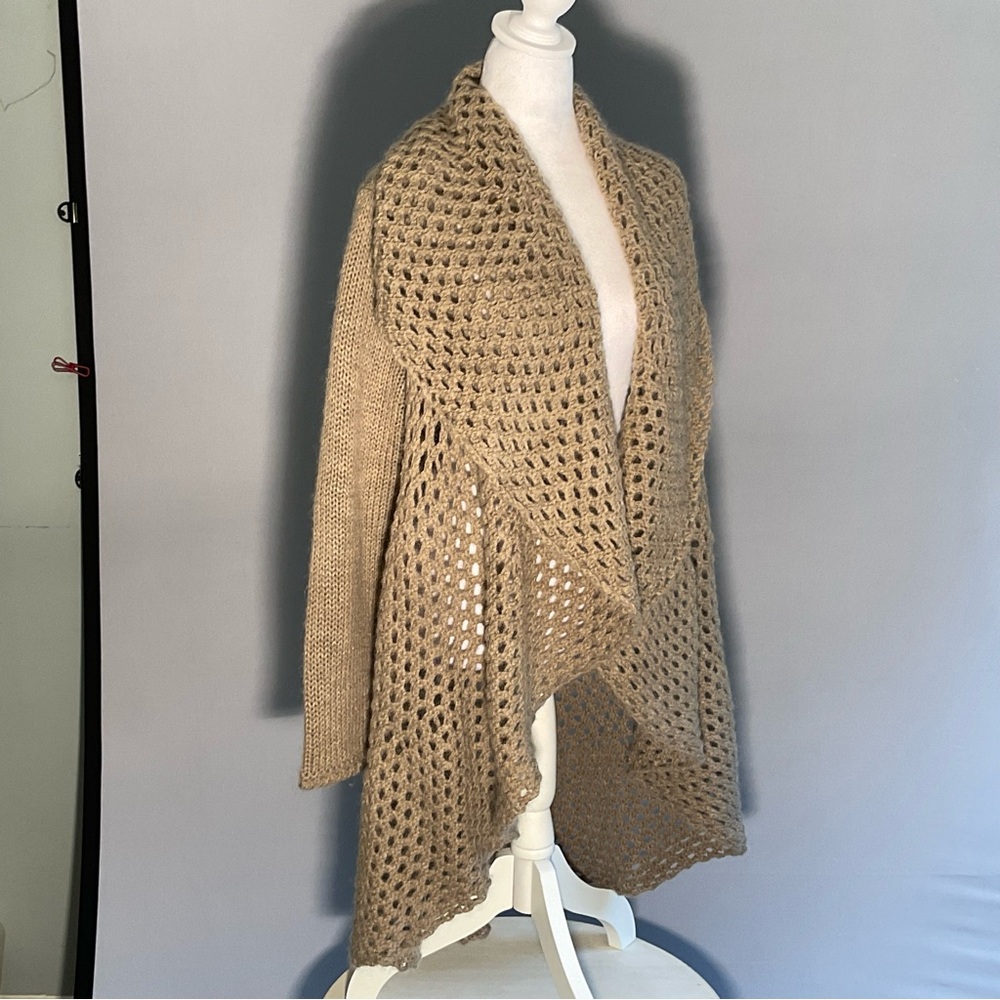 Anthropologie Elsamanda 2X Open Knit Hi/Lo Taupe Cardigan with Shawl Collar - Picture 5 of 16